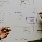 Two colleagues sketching an agenda on a whiteboard during a short meeting