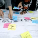 Development team mapping work with sticky notes on a wall