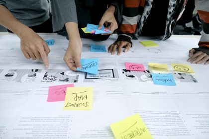 Development team mapping work with sticky notes on a wall